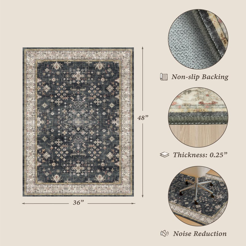 JTJ Black Office Chair Mat for Hardwood Floors, 36x48 Anti-Slip Under Desk Rug, Tile Floor Protector for Rolling Heavy Duty Office Chair, Easy to Clean, Ultra Soft Low Pile, Ashen Charcoal Floral Design - Image 2