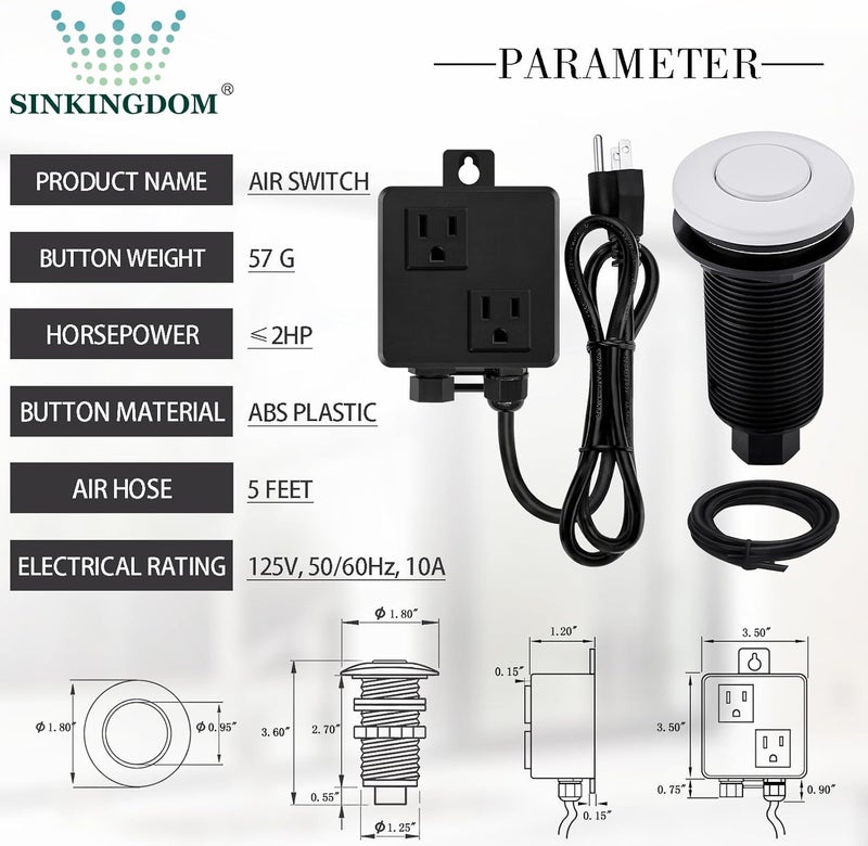 SINKINGDOM Garbage Disposal SinkTop Air Switch Kit with Long Button,White,Brass Made Cover - Image 4