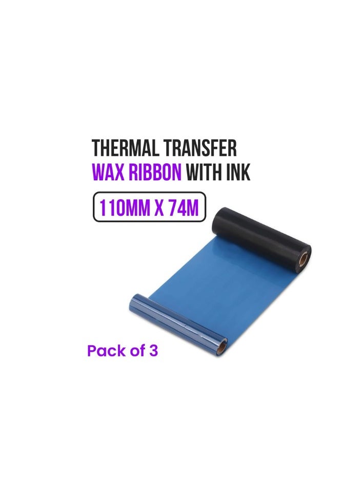 Kalon 3 Pack 110mmX74m Transfer Wax Ribbon for Barcode Printers with Ink Zebra Eltron Datamax GC420t, GK420t, GX420t, GX430t, TLP2442, TLP2844, ZD220, ZD4 Printers ink  - Image 2