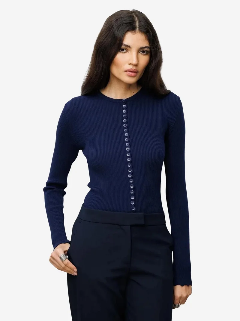 Mixray Navy Blue MIXRAY Ribbed Knit Buttoned Cardigan for Women | Best Price UAE