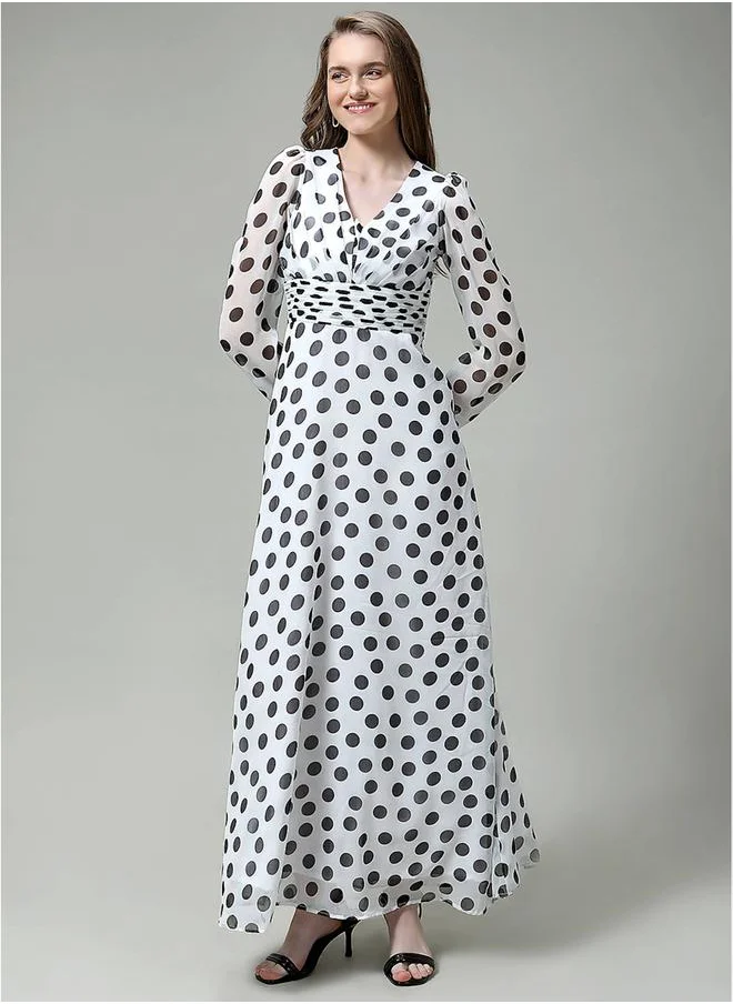 ميش Polka Dot Maxi Dress with Waist Pleat Detailing