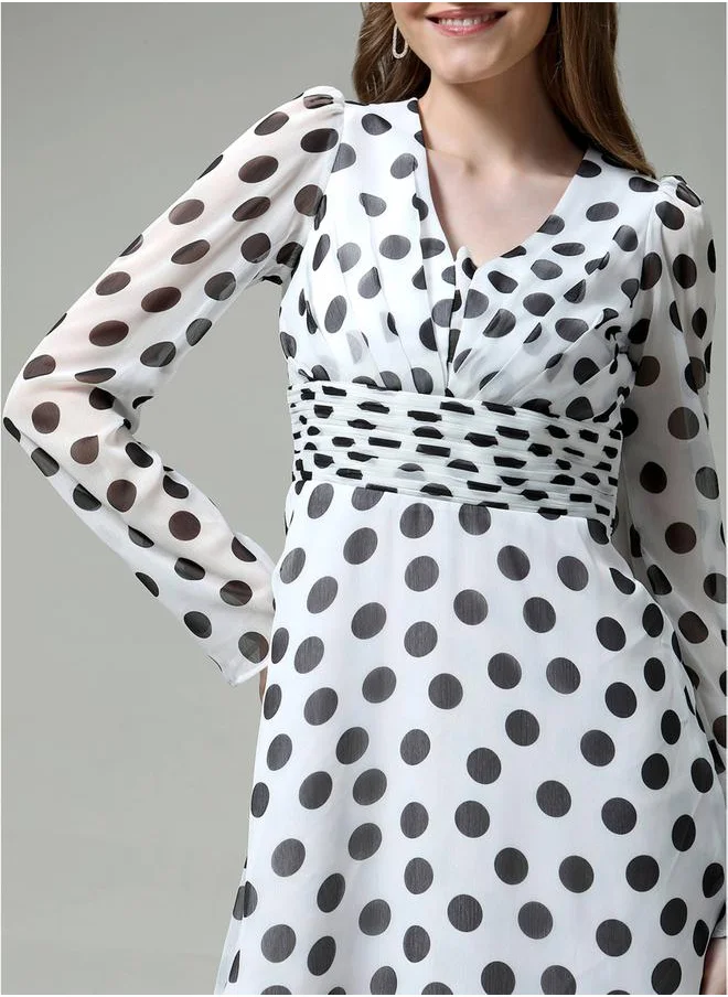 ميش Polka Dot Maxi Dress with Waist Pleat Detailing