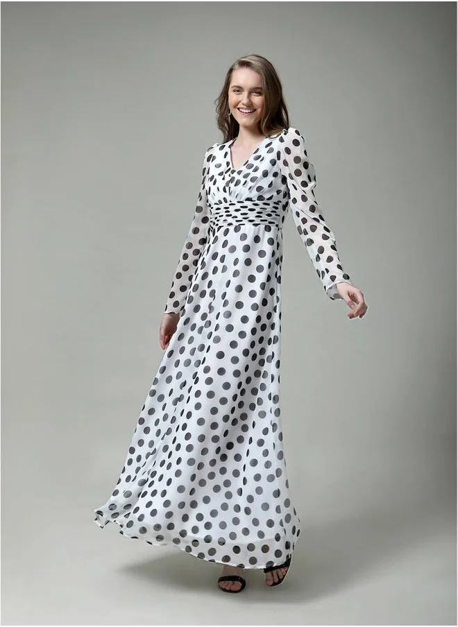 ميش Polka Dot Maxi Dress with Waist Pleat Detailing by Styli