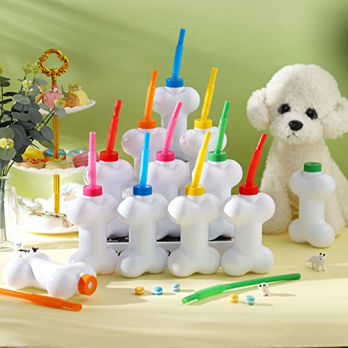 Eaasty 12 Pcs Dog Bone Cups with Straws and Lids 10oz Plastic Reusable Dog Bone Shaped Puppy Cups Set for Kids Birthday Party Gifts - Image 5