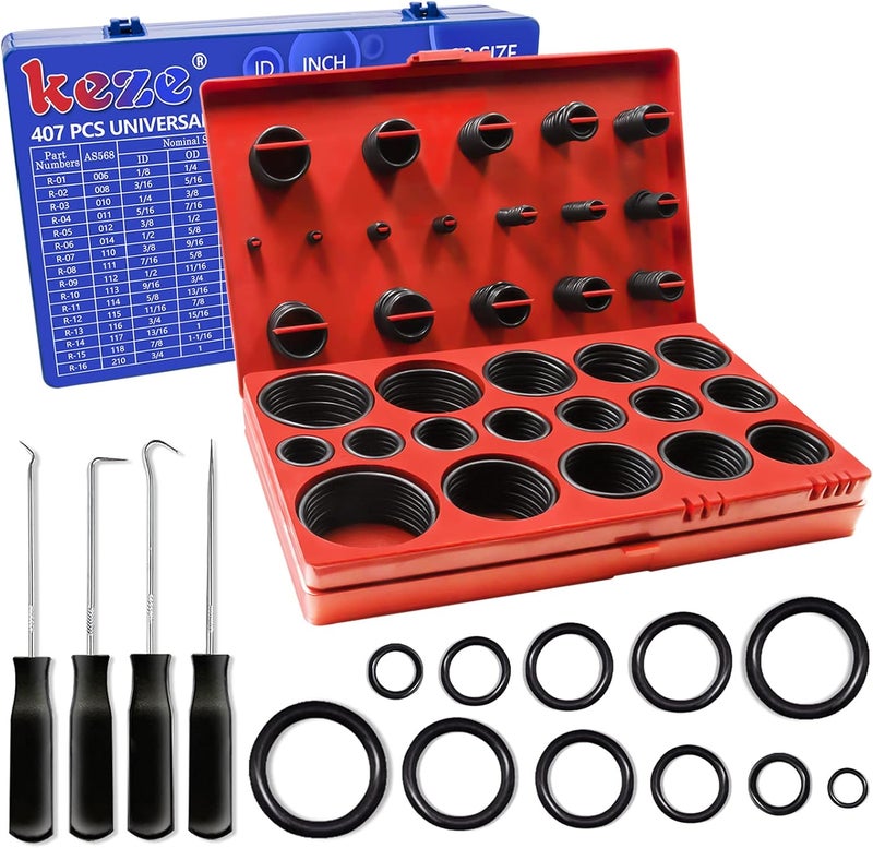 KEZE 826 PCs Universal SAE & Metric O-Rings Kit with 4-Piece Pick and Hook Set - Image 1