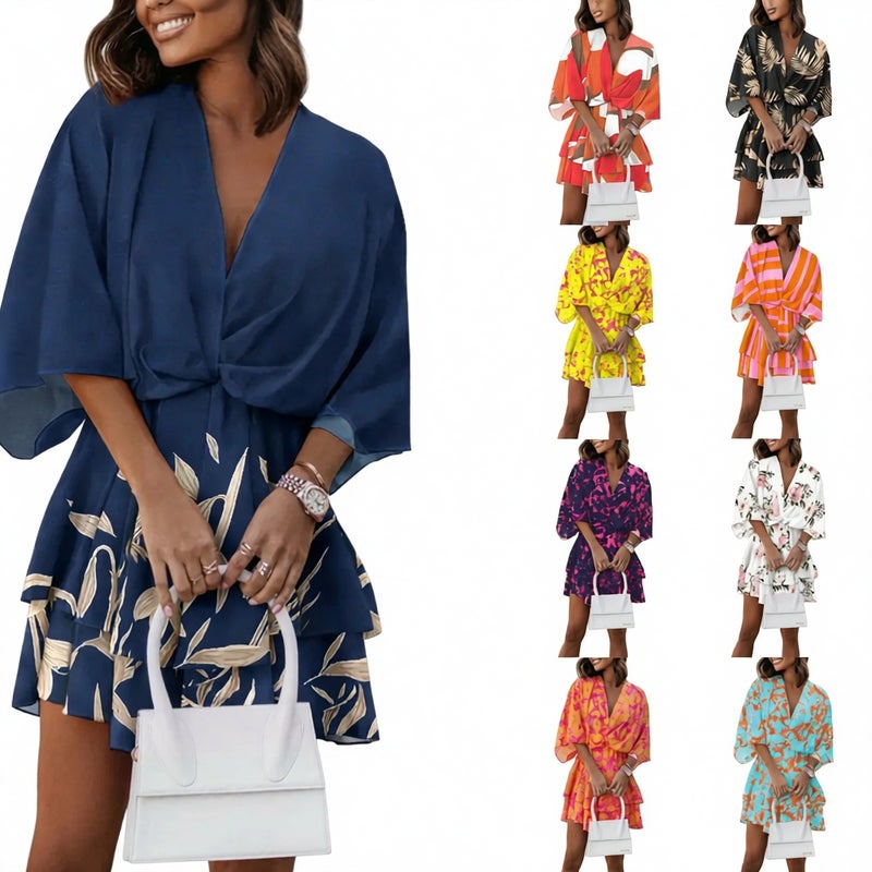 Fashion V-Neck Loose Batwing Sleeve Printed Dress - Image 1