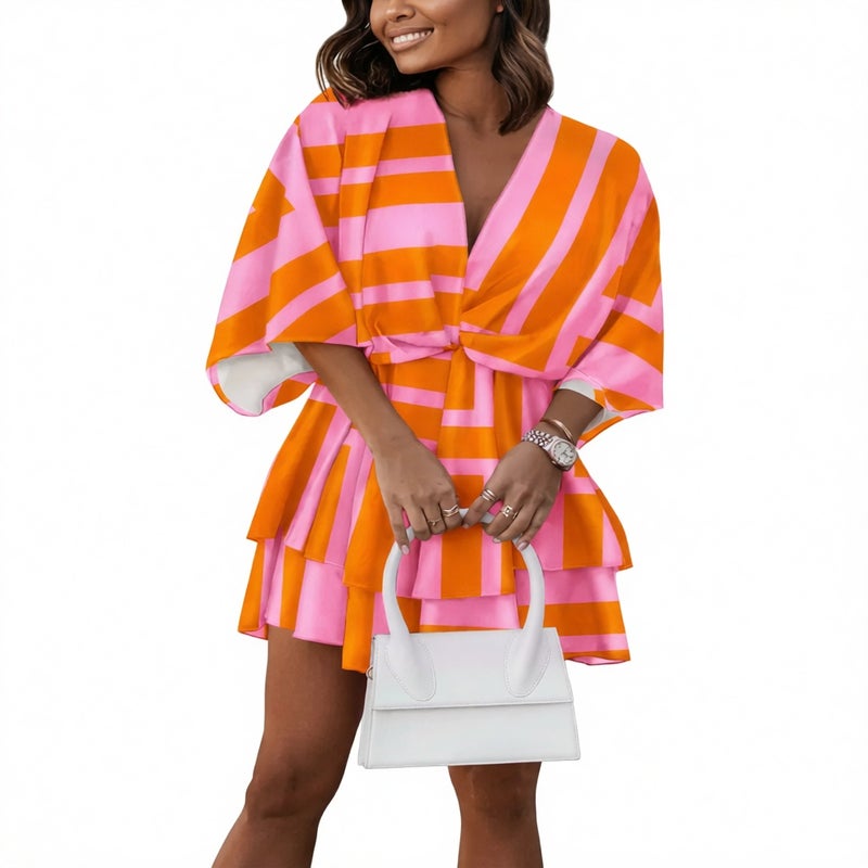 Fashion V-Neck Loose Batwing Sleeve Printed Dress - Image 4