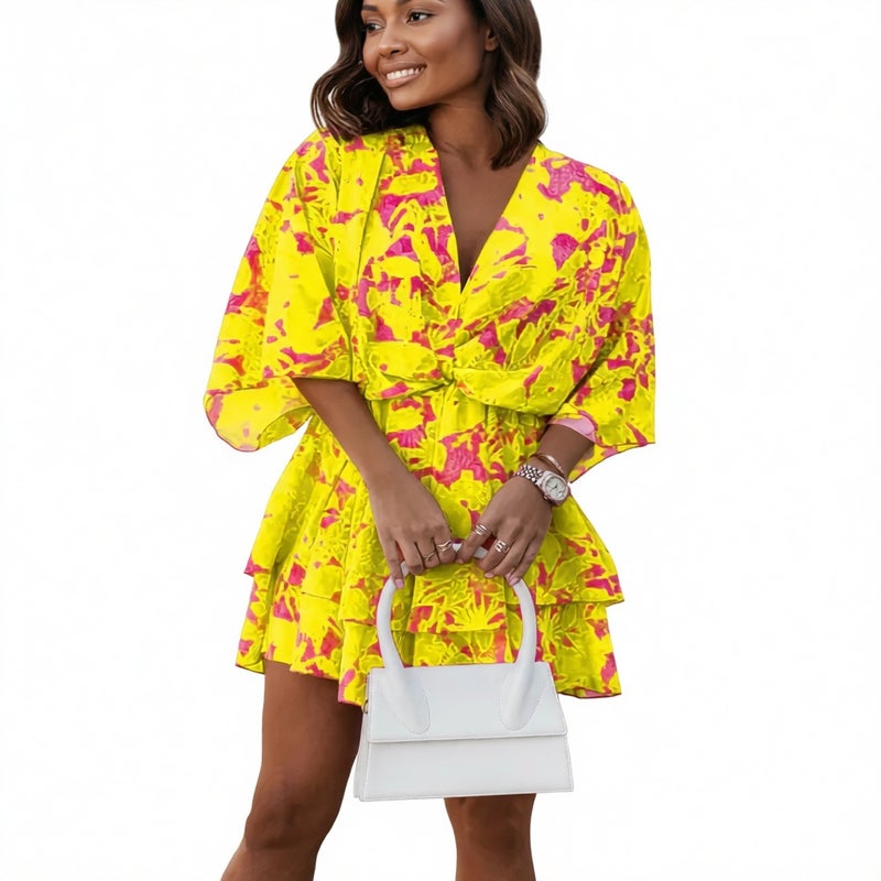 Fashion V-Neck Loose Batwing Sleeve Printed Dress - Image 3