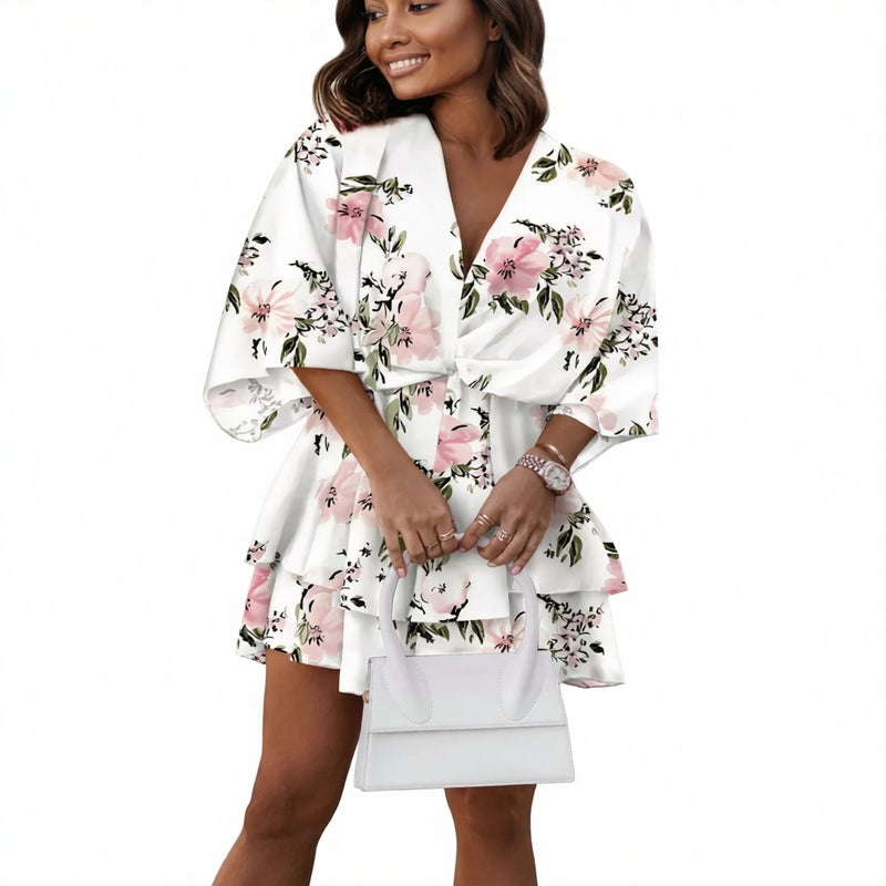 Fashion V-Neck Loose Batwing Sleeve Printed Dress - Image 5