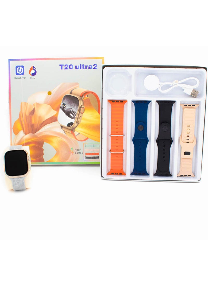 Ultra - Smart Watch T20 ULTRA2 Version 2 4 in 1 Calories Receive Messages and Calls Support Arabic Language Comes with 4 Extra Straps Size 49 MM - Multi Color - Image 1