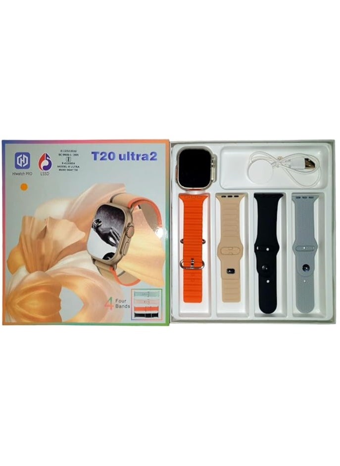 Ultra - Smart Watch T20 ULTRA2 Version 2 4 in 1 Calories Receive Messages and Calls Support Arabic Language Comes with 4 Extra Straps Size 49 MM - Multi Color - Image 1
