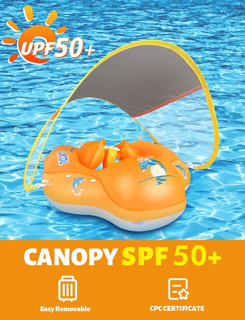 LAYCOL Baby Swimming Float Inflatable Baby Pool Float Ring with Sun Protection Canopy,add Tail no flip Over for Age of 3-36 Months (Orange, S) - Image 2