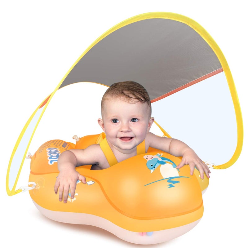 LAYCOL Baby Swimming Float Inflatable Baby Pool Float Ring with Sun Protection Canopy,add Tail no flip Over for Age of 3-36 Months (Orange, S) - Image 1