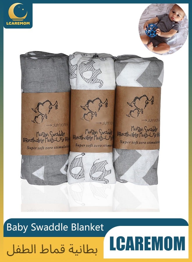LCAREMOM 3 Pack 120 X 110cm Baby Swaddle Blanket, Unisex Newborn Wrap, Breathable and Skin-Friendly Cotton Ideal Newborn Infant Swaddling Set, Muslin Swaddle Blankets Receiving Blankets Neutral for Boys and Girls  - Image 1