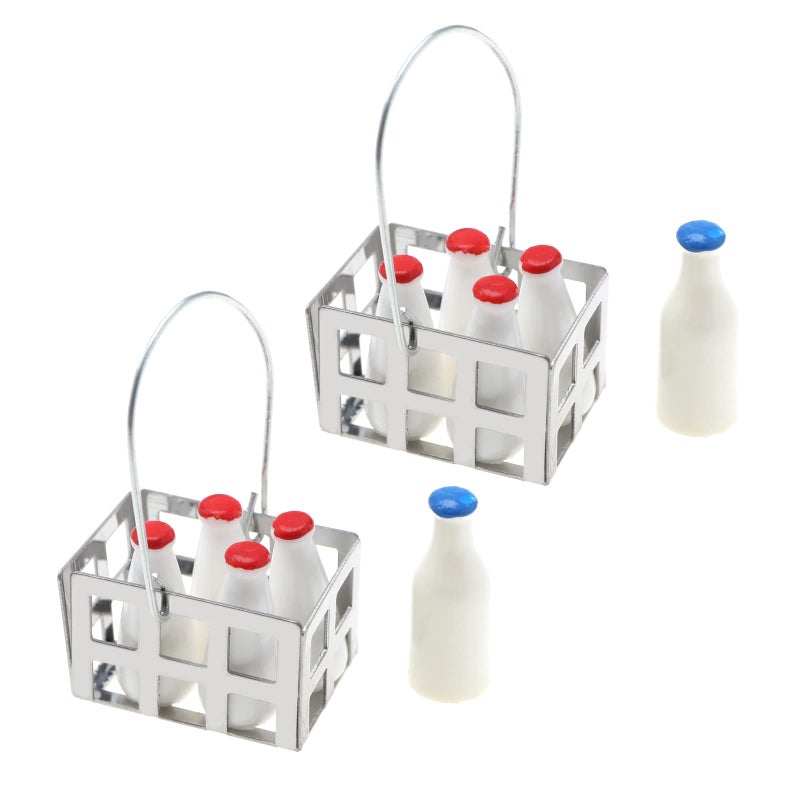 Create idea Create idea 2 Sets Miniature Milk Bottle Basket Set Dollhouse Milk Bottles Set with Basket Dollhouse Furniture Accessories for 1/6 or 1/12 Dollhouse Decor  - Image 1