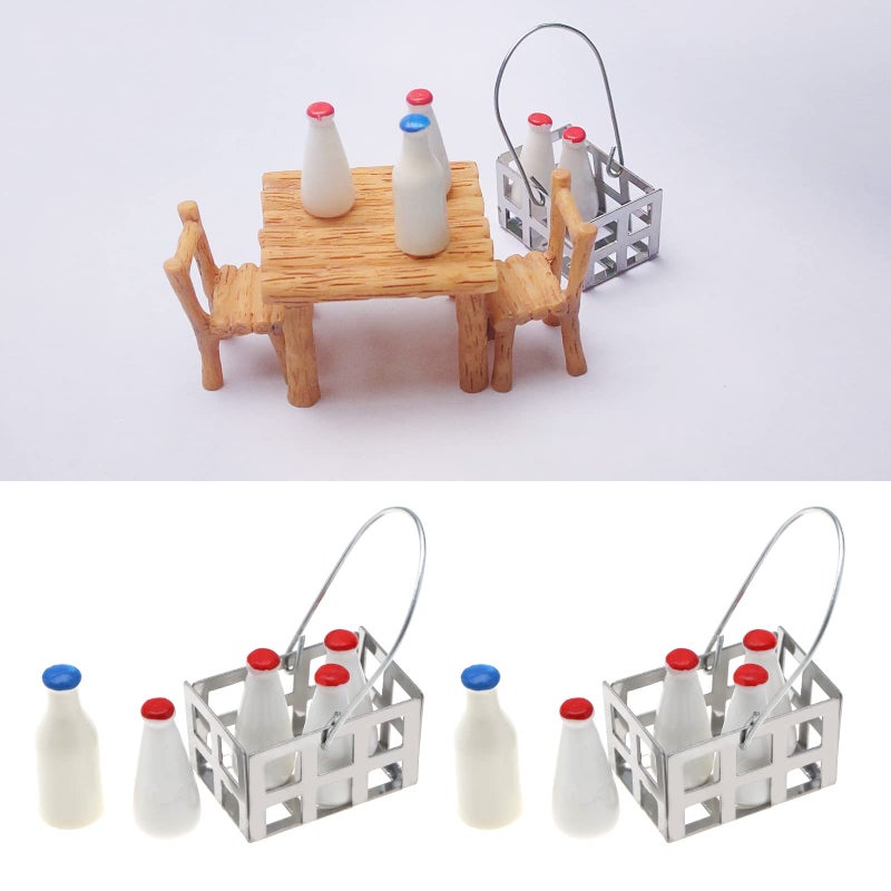 Create idea Create idea 2 Sets Miniature Milk Bottle Basket Set Dollhouse Milk Bottles Set with Basket Dollhouse Furniture Accessories for 1/6 or 1/12 Dollhouse Decor  - Image 2