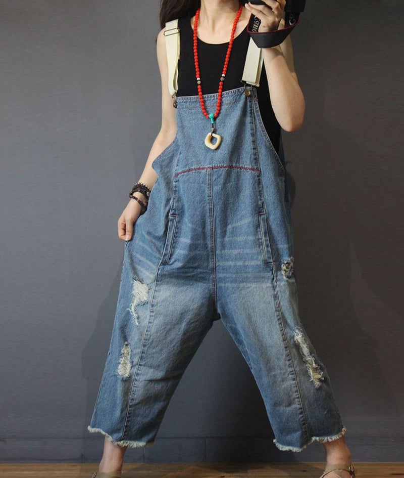 YESNO Women Casual Loose Cropped Denim Jumpsuits Rompers 90s Jeans Overalls Distressed Ripped Fringed/Pockets M P49 Blue - Image 2