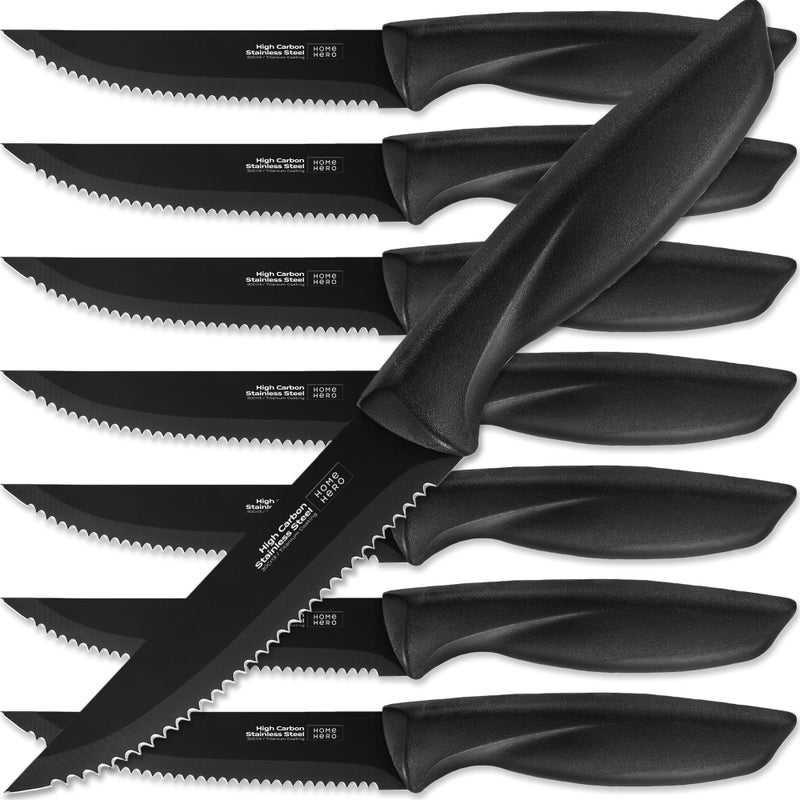 HomeHero Home Hero Steak Knives, Sharp Steak Knives Set, High-Carbon Stainless Steel Steak Knife Set, Ergonomic Handles Serrated Steak Knives (8 Pcs - Black)  - Image 1