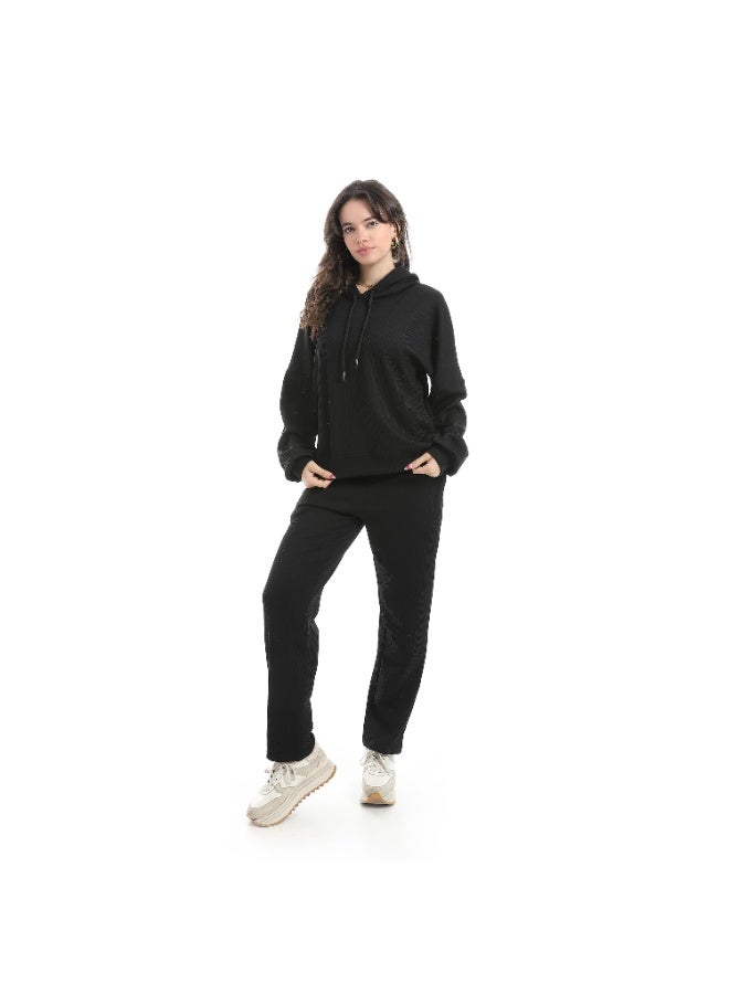 Andora Self Patterened Inner Fleeced Hooded Training Suit - Black - Image 1