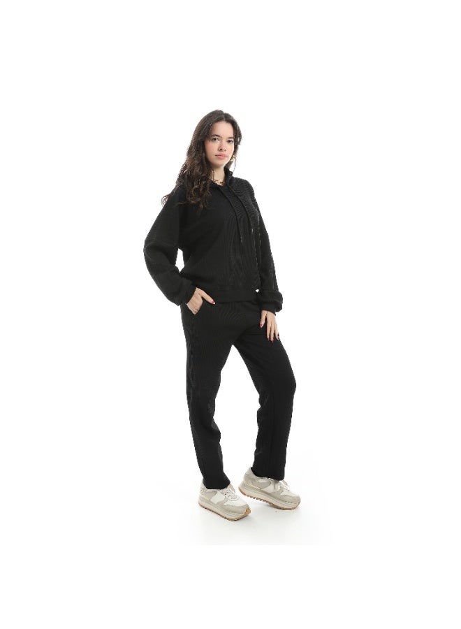 Andora Self Patterened Inner Fleeced Hooded Training Suit - Black - Image 3