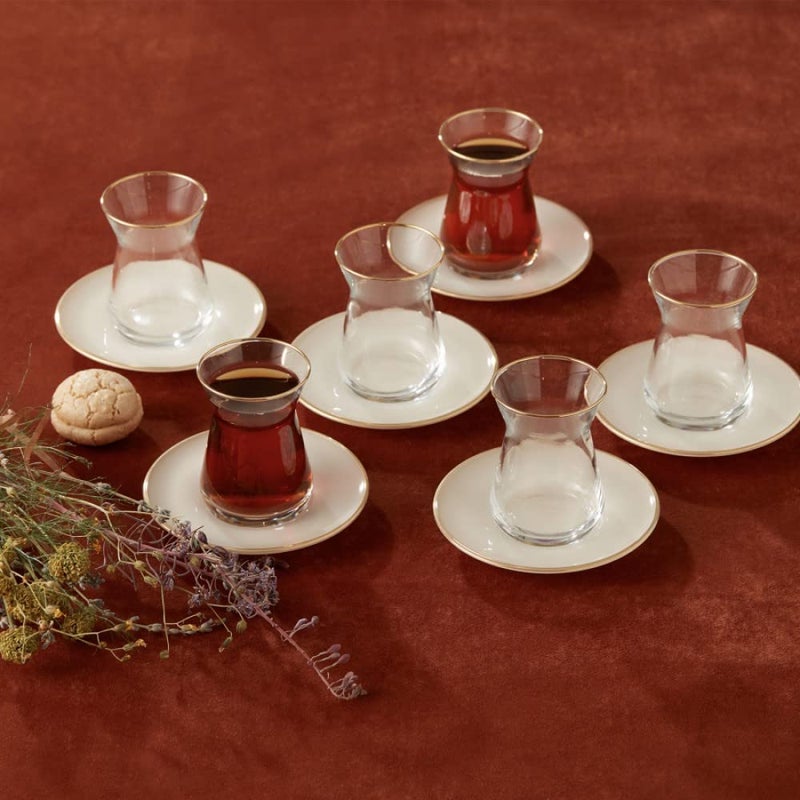 KARACA Retro Beige 6 Person Tea Set 12 Piece Turkish Tea Cups and Saucers Turkish Tea Glasses Set with Gold Decal Details - Image 2