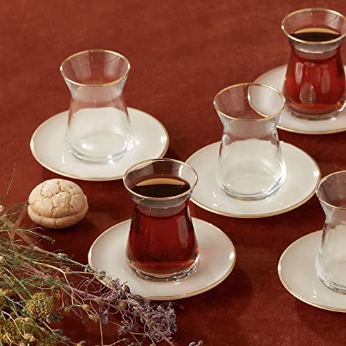 KARACA Retro Beige 6 Person Tea Set 12 Piece Turkish Tea Cups and Saucers Turkish Tea Glasses Set with Gold Decal Details - Image 3