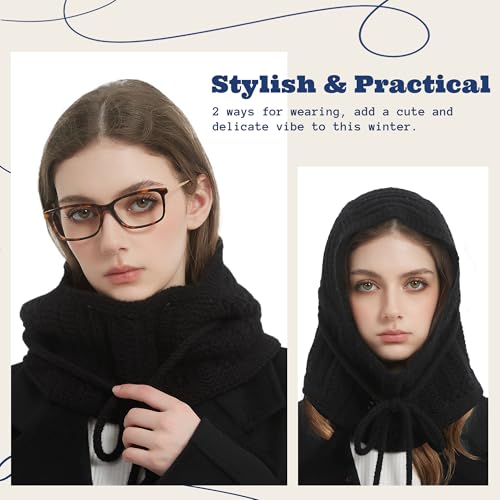 ACUSHLA 100% Merino Wool Fashion Balaclava for Women Soft Warm Light Hooded Scarf Knitted Hat and Scarf in One Neck Warmer Head Wear, Black - Image 2