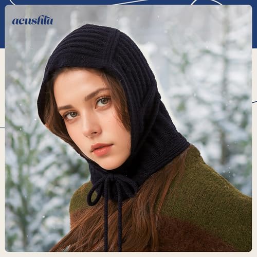 ACUSHLA 100% Merino Wool Fashion Balaclava for Women Soft Warm Light Hooded Scarf Knitted Hat and Scarf in One Neck Warmer Head Wear, Black - Image 5