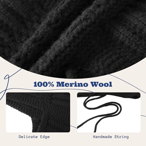 ACUSHLA 100% Merino Wool Fashion Balaclava for Women Soft Warm Light Hooded Scarf Knitted Hat and Scarf in One Neck Warmer Head Wear, Black - Image 3