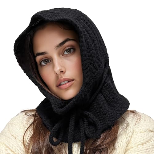 ACUSHLA 100% Merino Wool Fashion Balaclava for Women Soft Warm Light Hooded Scarf Knitted Hat and Scarf in One Neck Warmer Head Wear, Black - Image 1