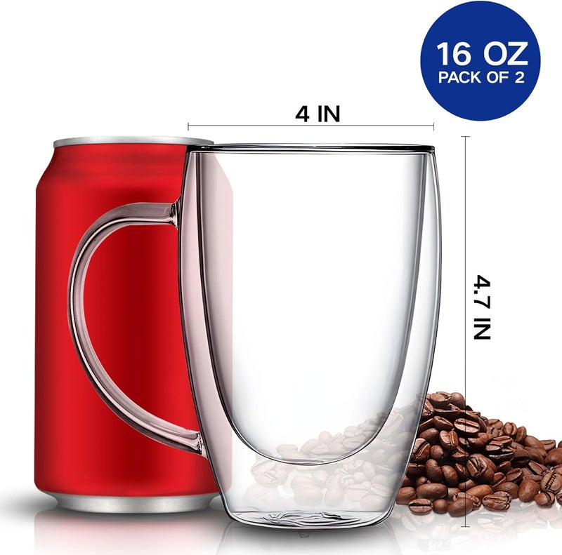 YMMIND Set of 2 Double Walled Glass Coffee Mugs 16 Ounces Insulated Layer Coffee Cups with Handle Borosilicate Glass Espresso Cup for Hot Beverage,Cappuccino,Tea,Latte,Wine,Microwave Safe - Image 4