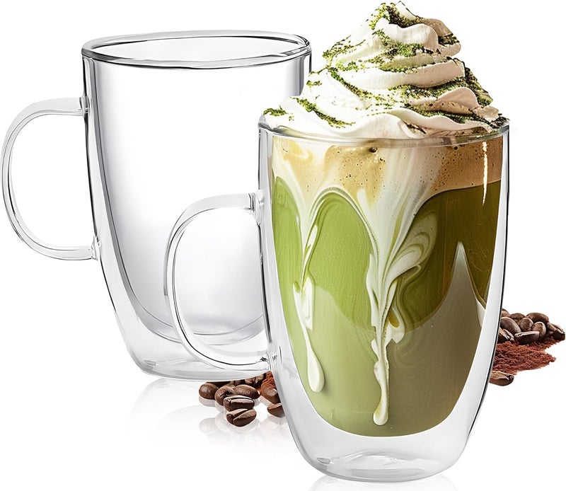 YMMIND Set of 2 Double Walled Glass Coffee Mugs 16 Ounces Insulated Layer Coffee Cups with Handle Borosilicate Glass Espresso Cup for Hot Beverage,Cappuccino,Tea,Latte,Wine,Microwave Safe - Image 1