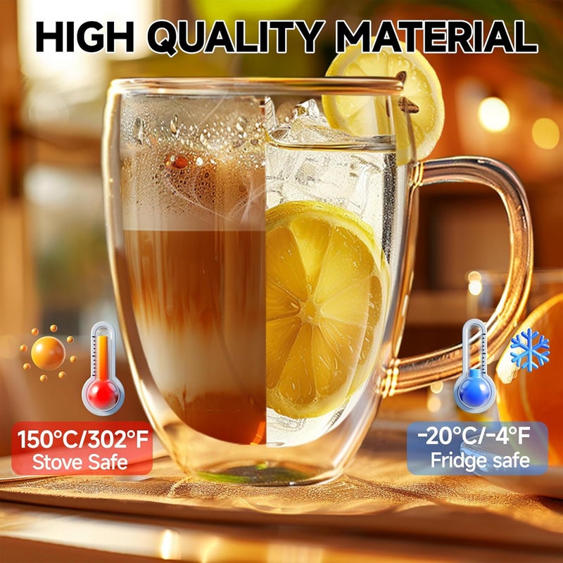 YMMIND Set of 2 Double Walled Glass Coffee Mugs 16 Ounces Insulated Layer Coffee Cups with Handle Borosilicate Glass Espresso Cup for Hot Beverage,Cappuccino,Tea,Latte,Wine,Microwave Safe - Image 2
