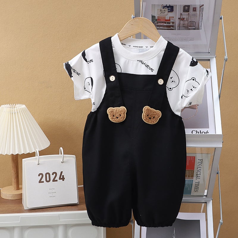 Kids Summer Fashion Suspender Pants Set 2024 BDK black bear-suit 