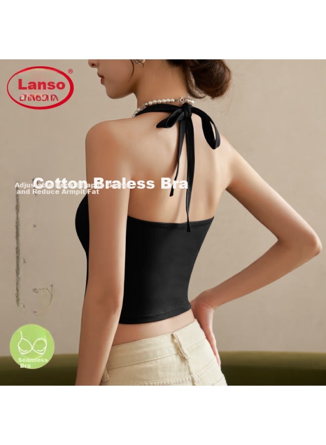 LANG SHA Langsha Hanging Neck Small Sling Vest Women's Spring And Summer New Ribbed Inner With Chest Pad Pure Cotton Beautiful Back Bottoming Top - Image 1