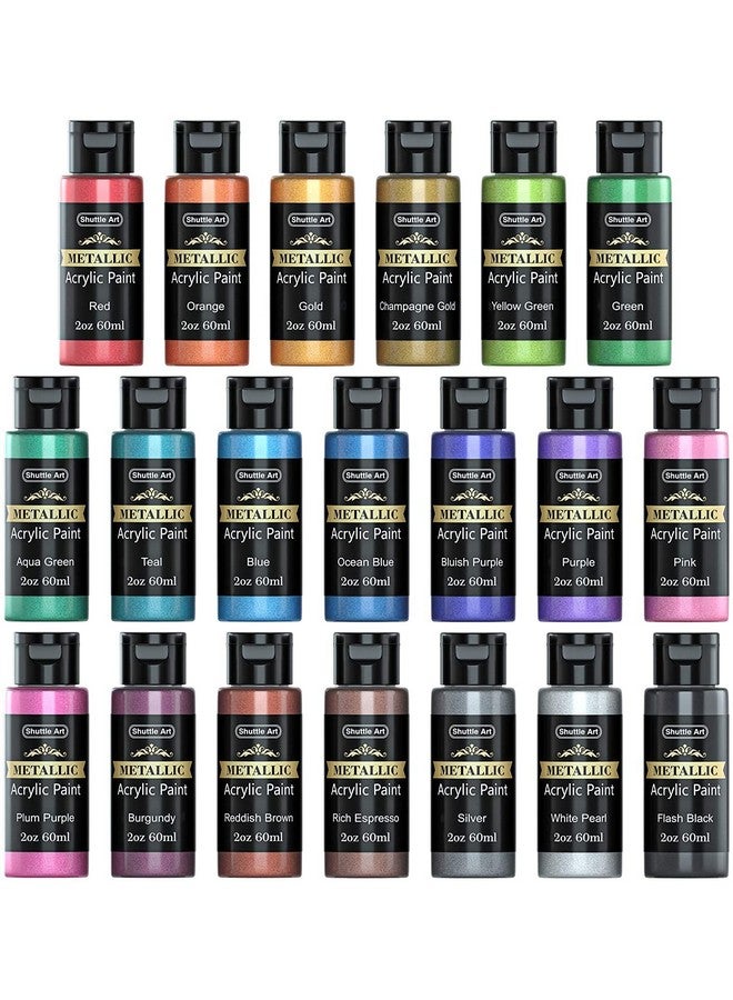 Shuttle Art Metallic Acrylic Paint Set 20 Colors Metallic Paint In Bottles (60Ml 2Oz) With 3 Brushes And 1 Palette Rich Pigments Nontoxic For Artists Beginners On Rocks Crafts Canvaswood Fabric - Image 1