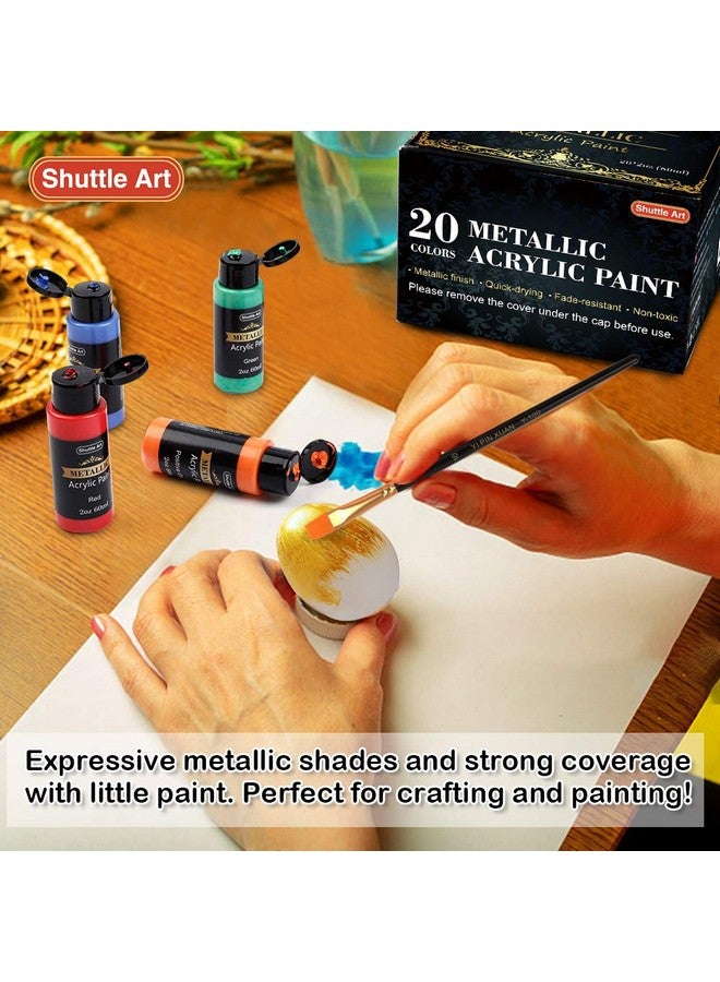 Shuttle Art Metallic Acrylic Paint Set 20 Colors Metallic Paint In Bottles (60Ml 2Oz) With 3 Brushes And 1 Palette Rich Pigments Nontoxic For Artists Beginners On Rocks Crafts Canvaswood Fabric - Image 4