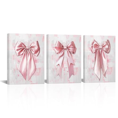Visual Art Decor Bow Pictures Girls Bathroom Bedroom Wall Decor, Bow Wall Art Framed 12x16inchx3 Pieces (Pink) - Image 1