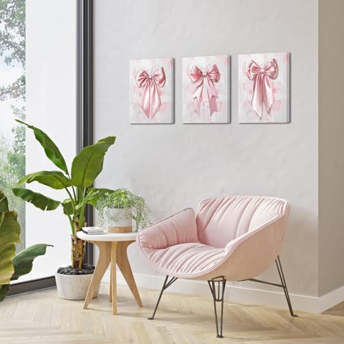 Visual Art Decor Bow Pictures Girls Bathroom Bedroom Wall Decor, Bow Wall Art Framed 12x16inchx3 Pieces (Pink) - Image 2