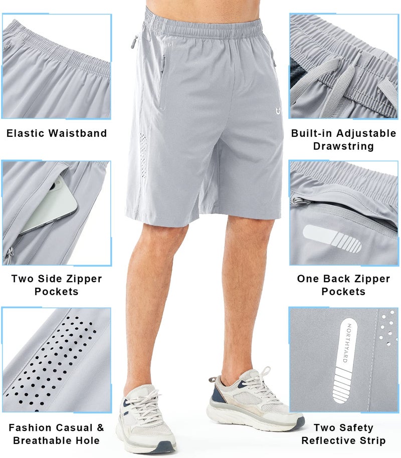 NORTHYARD Men's Athletic Running Shorts Quick Dry Workout Shorts 7"/ 5"/ 9" Lightweight Sports Gym Basketball Tennis Hiking Exercise GREY-9inch M - Image 3
