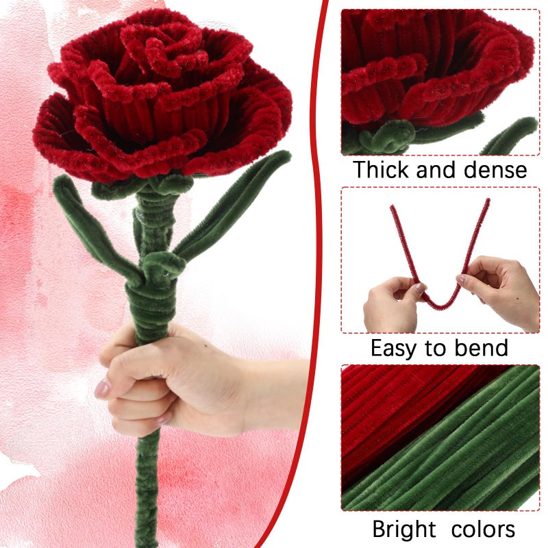 DaisyInner 700 Pcs Pipe DIY Cleaners for Craft Cleaners Flower Pipe Bulk Pastel Chenille Stems Flower Gradient Colored Fluffy for Valentine's Day School Party Decor(Red,Green) - Image 3