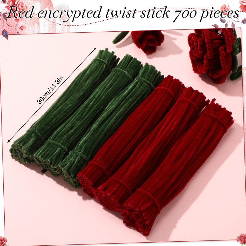 DaisyInner 700 Pcs Pipe DIY Cleaners for Craft Cleaners Flower Pipe Bulk Pastel Chenille Stems Flower Gradient Colored Fluffy for Valentine's Day School Party Decor(Red,Green) - Image 2
