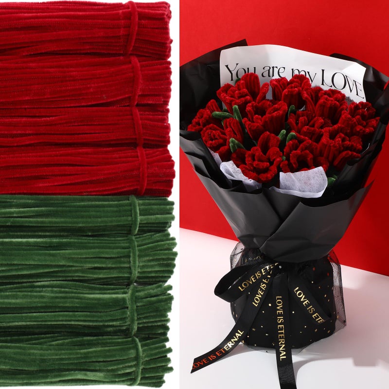 DaisyInner 700 Pcs Pipe DIY Cleaners for Craft Cleaners Flower Pipe Bulk Pastel Chenille Stems Flower Gradient Colored Fluffy for Valentine's Day School Party Decor(Red,Green) - Image 1