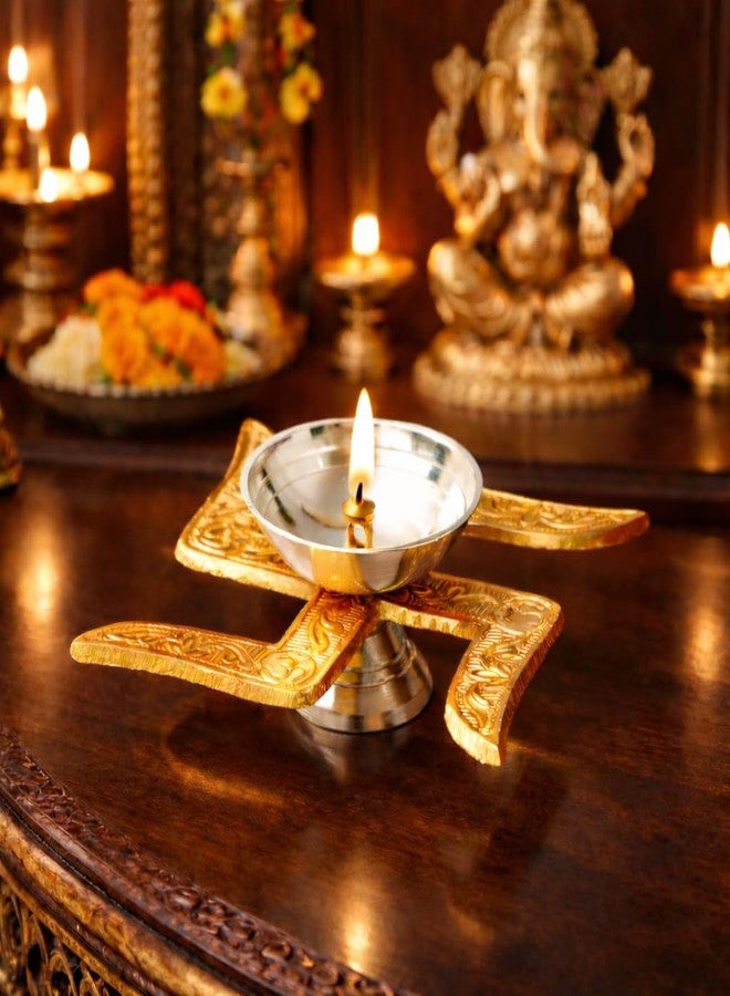Copperika Swastik Diya Pack of 5 (Gold & Silver Finish) Iin Red Velvet Box Minimal Luxury Multi-Purpose White Metal Diya | Modern Home Décor | Pooja Accent | Return Gift Item Diwali Gift Item - Image 4