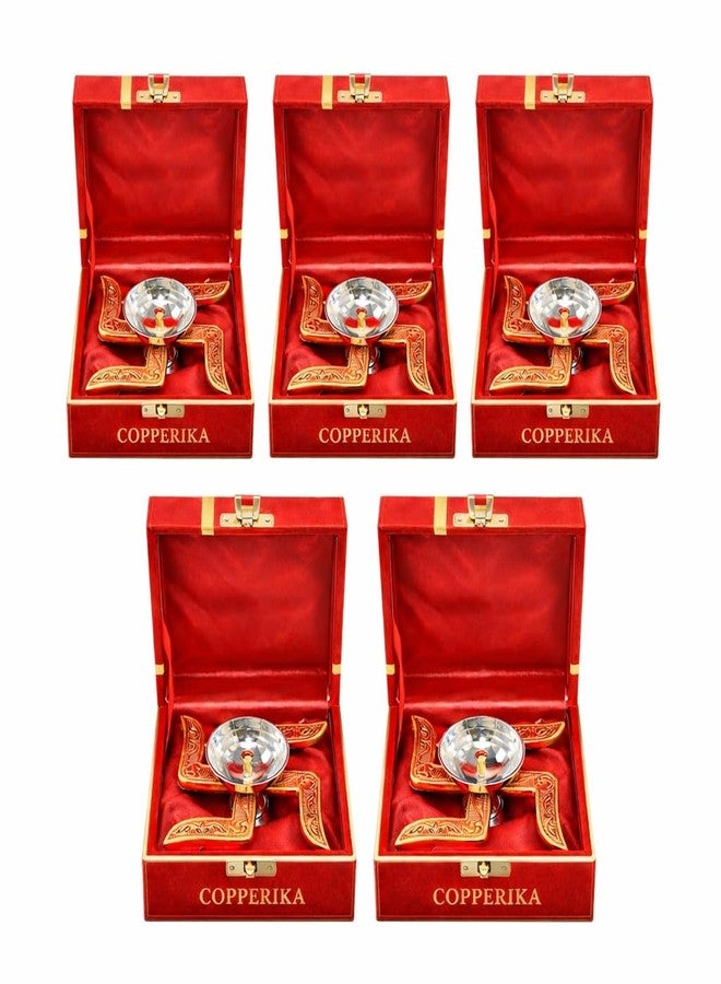 Copperika Swastik Diya Pack of 5 (Gold & Silver Finish) Iin Red Velvet Box Minimal Luxury Multi-Purpose White Metal Diya | Modern Home Décor | Pooja Accent | Return Gift Item Diwali Gift Item - Image 1