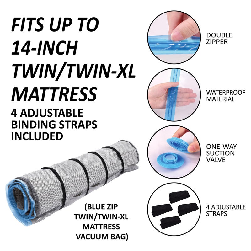 Storage Logic كيس مفرغ للمMattress Twin/Twin-XL مع سحاب أزرق، كيس مفرغ للمMattress، مع أحزمة مرفقة - Image 3