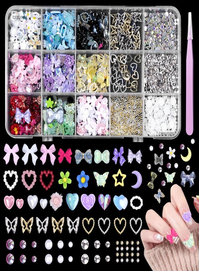CESUSME 3D Color Nail Charms Gems, Assorted Bow Heart Flower Nail Charms, Half Round Nail Rhinetones Gems, Butterfly Heart Alloy Nail Jewelry Charms for DIY Nail Art Supplies - Image 1