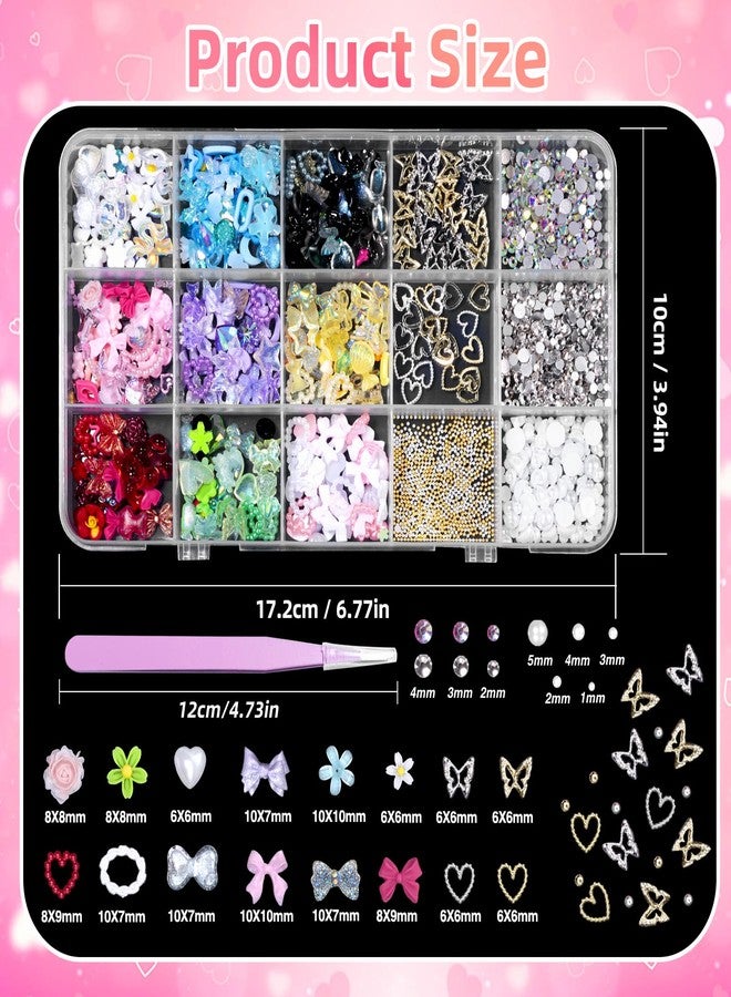 CESUSME 3D Color Nail Charms Gems, Assorted Bow Heart Flower Nail Charms, Half Round Nail Rhinetones Gems, Butterfly Heart Alloy Nail Jewelry Charms for DIY Nail Art Supplies - Image 2