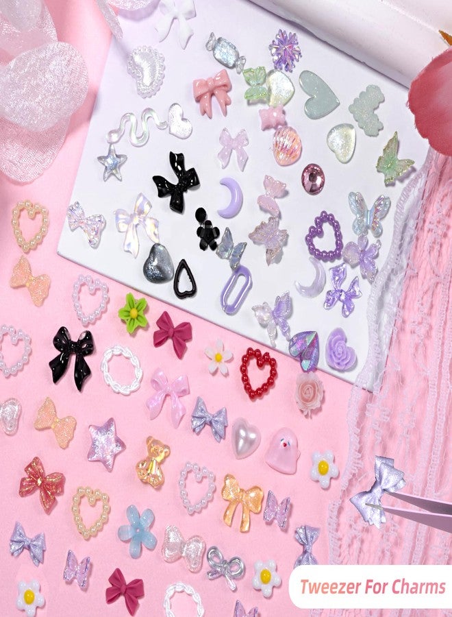 CESUSME 3D Color Nail Charms Gems, Assorted Bow Heart Flower Nail Charms, Half Round Nail Rhinetones Gems, Butterfly Heart Alloy Nail Jewelry Charms for DIY Nail Art Supplies - Image 4