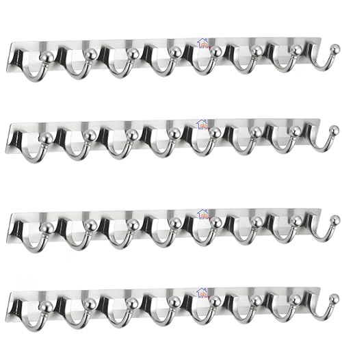 GHAR DWAR Heavy Duty Goli Stainless Steel Cloth Hanger Suitable for Bathroom Bedroom Kitchen Wall Hook Rail Hanging Scarf, Coat,Keys Tie Clothes Towel Door Robe Hanging (Pack of 4, Silver 8 Hook) - Image 1